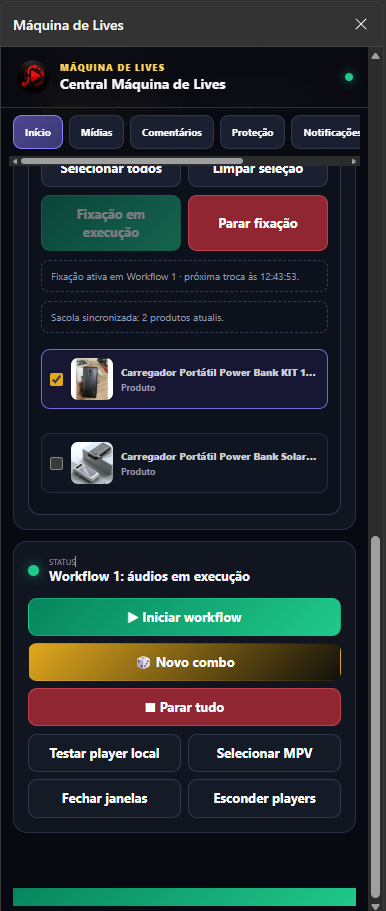 Painel da Extensão Máquina de Live com fila de mídias, controles e leituras da live
