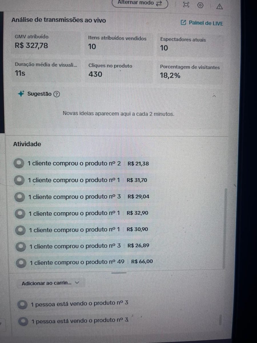 Print de resultados de vendas em live pré-gravada